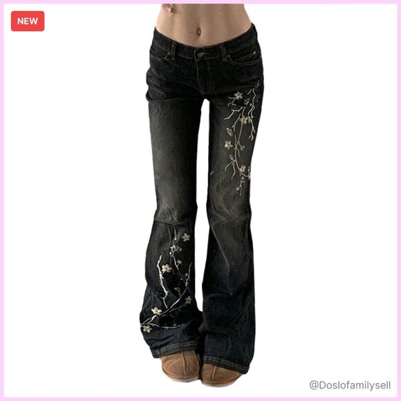 Denim - Stretchy Flare Jeans Mid Rise Embroidery Vintage Denim Y2K Retro